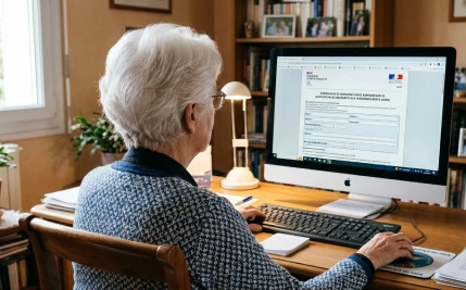 Personne agée en train de remplir une démarche administrative en ligne avec l'aide de la Fée de l'Informatique.